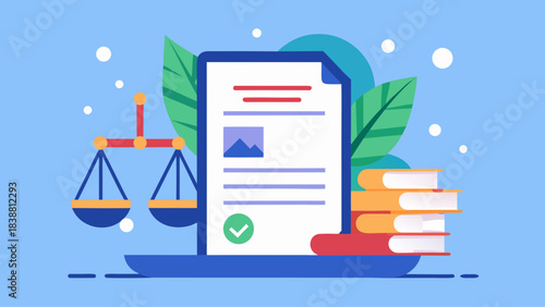 A blue background with a laptop and a stack of books. The laptop is open to a document with a check mark on it