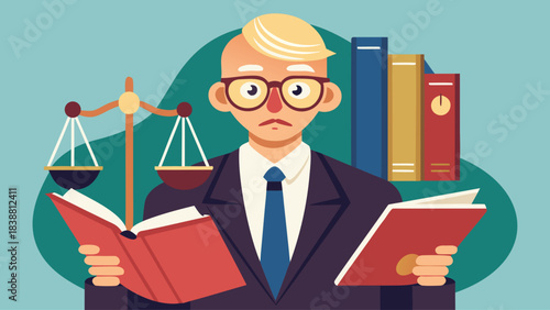 A man in a suit is reading a book while standing in front of a scale. Concept of justice and the importance of reading and understanding the law