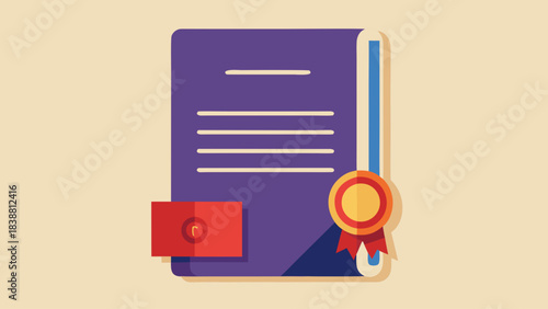 A purple book with a red stamp on it. The book is titled "Certificate of Achievement" and has a gold ribbon around it. The ribbon is on the right side of the book