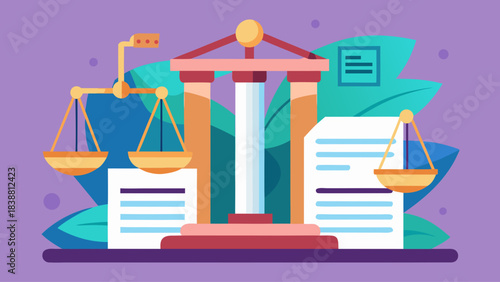 A drawing of scales of justice with a stack of papers on top. The scales are balanced, but the papers are stacked unevenly, suggesting that justice is not always served equally