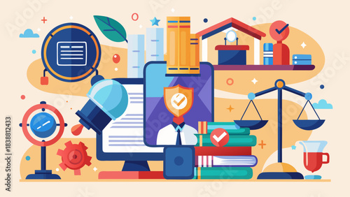 A colorful image of a man in a suit with a computer monitor and a book on a shelf. Concept of work and productivity