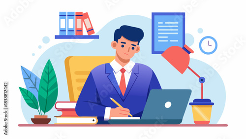 A man is sitting at a desk with a laptop and a cup of coffee. He is wearing a suit and tie and he is working. Concept of professionalism and productivity