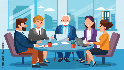 A group of people are sitting around a table in a conference room. They are all dressed in business attire and are working together on a project