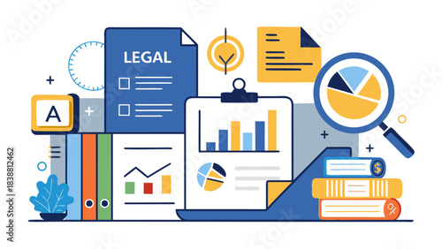 A colorful image of a desk with a laptop, a stack of books, and a magnifying glass. The image is titled "Legal" and features a variety of documents and charts. Scene is professional and focused