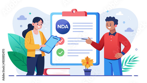 A woman and a man are examining a piece of paper that says NDA. They are likely discussing the contents of the document or reviewing it for accuracy