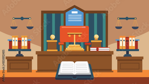 A courtroom scene with a judge's bench and a book open on it. The room is filled with books and papers, and there are two scales on the wall. Scene is serious and formal