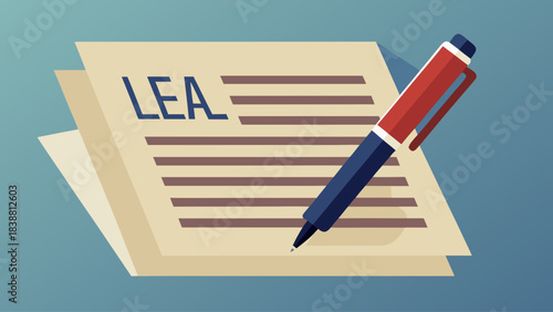 A pen is on top of a piece of paper that says LEA. The pen is red and the paper is blue