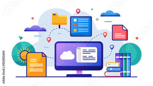 A computer monitor with a cloud and a book on the right side. The cloud is blue and the book is red