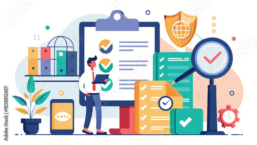 A man is standing in front of a clipboard with a check mark on it. He is looking at a tablet. Concept of productivity and organization