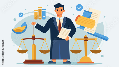 A man in a suit is standing in front of two scales, holding a piece of paper. Concept of justice and the importance of weighing evidence in a court of law. The man's serious expression