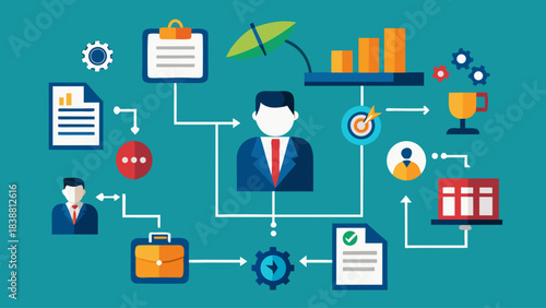 A man is the center of a flow chart with many other people and objects surrounding him. The flow chart represents a business process or workflow