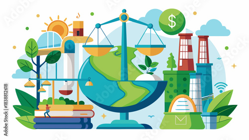 A cartoonish illustration of a scale with a globe and a dollar sign on it. The globe is surrounded by a variety of objects, including books, a person, and a tree. The scale is balanced