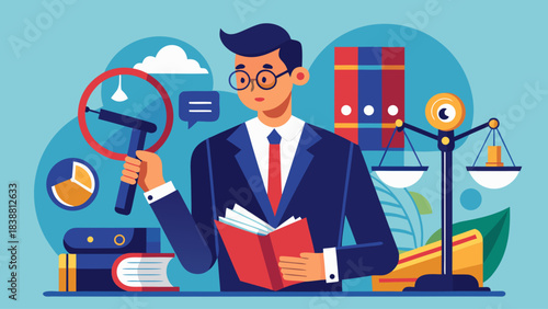 A man in a suit is holding a magnifying glass and reading a book. Concept of curiosity and intellectual pursuit