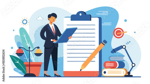 A woman is standing in front of a clipboard with a pen in her hand. She is wearing a suit and tie. The clipboard has a piece of paper on it. Concept of professionalism and focus