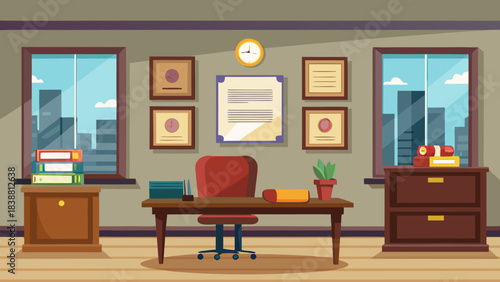 A clean and organized office with a desk, chair, and potted plant. The room has a modern and professional feel, with a clock on the wall and a few books on the desk. The windows let in natural light