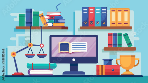 A computer desk with a monitor, books, and a trophy. The trophy is placed on the right side of the desk