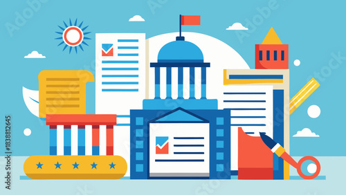 A blue and white background with a red and white flag on top of a building. There are several papers on the background, including a check. A pair of scissors is also present in the image