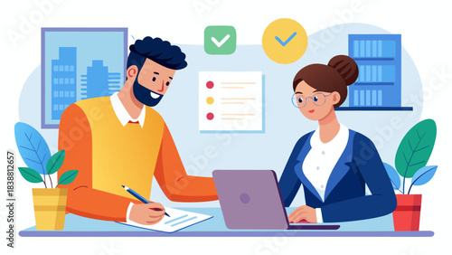 A man and a woman are sitting at a desk with a laptop. The man is writing on a piece of paper while the woman is typing on the laptop. The scene suggests a collaborative work environment where the man