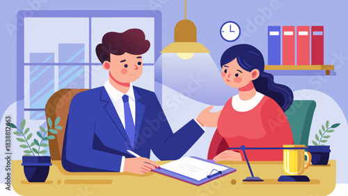 A man and a woman are sitting at a desk with a piece of paper in front of them. The man is wearing a suit and tie, and the woman is wearing a red shirt