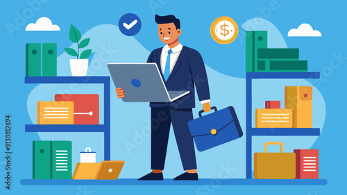 A man in a suit is standing in front of a shelf with a laptop in his hand. He is smiling and he is working. Concept of productivity and professionalism