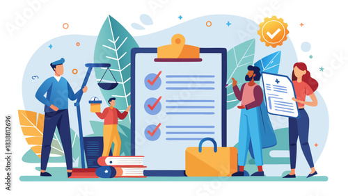 A group of people are standing around a clipboard with a check mark on it. Concept of teamwork and collaboration