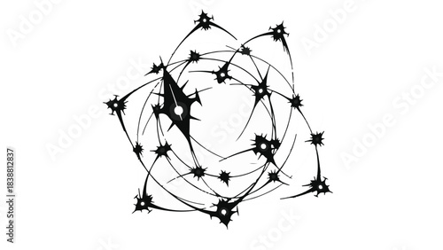 Abstract dynamic explosion of black lines and stars on white background