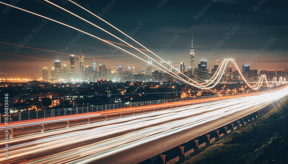 Fototapeta premium Dynamic urban nightscape featuring captivating light trails from fast-moving vehicles on a modern city highway