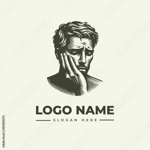 Detailed Engraving Vector Logo Illustration Featuring a Pensive Man's Head with Hand on Chin, Evoking Deep Thought and Emotional Resonance