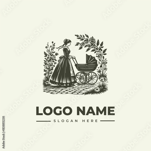 Victorian-style baby carriage vector illustration in an engraving style for a logo