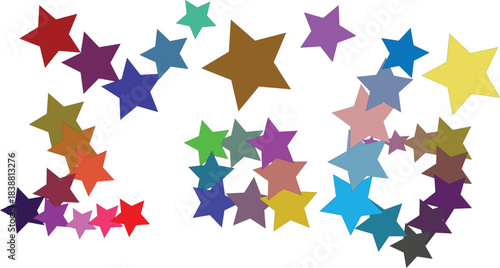 Colorful five-pointed stars scattered on white background, vibrant multicolor star pattern, playful decorative design, festive abstract art for stock