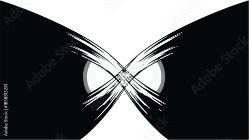 Abstract black and white graphic with intersecting brush strokes and circle