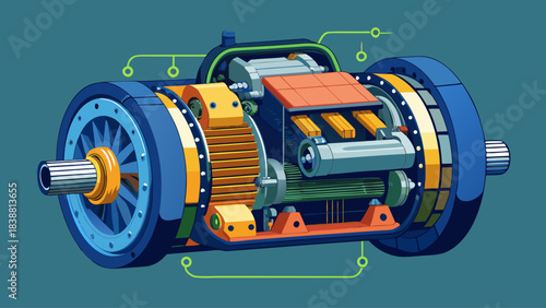 A mechanical device with a blue and orange color scheme. The device is a motor and has a green and yellow design