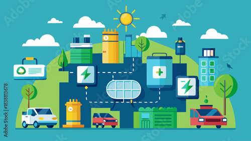 A cityscape with a lot of green and blue elements, including a car, a truck, and a bus