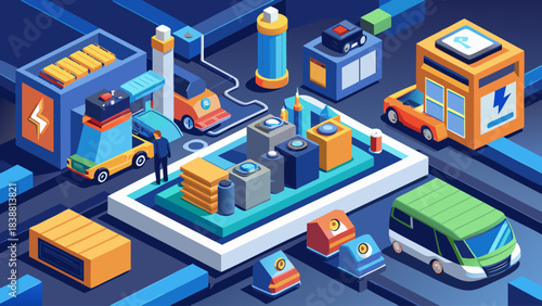 A cityscape with a man in a yellow car and a green van. The man is standing in front of a building with a sign that says "Electric Car Charging Station"