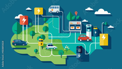 A colorful illustration of a city with various modes of transportation, including cars, buses, and trucks. Concept of progress and innovation in the transportation industry