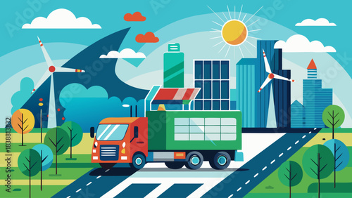 A red truck is driving down a road with a city in the background. The truck is carrying a large green container