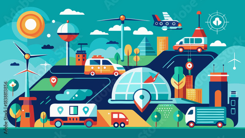A colorful illustration of a city with various vehicles and buildings. Scene is lively and bustling, with a sense of movement and progress. The idea behind the image is to showcase the diversity