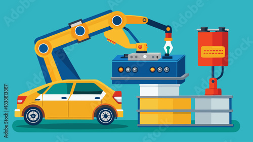 A yellow car is being lifted by a machine. The car is being taken apart and the machine is holding it up