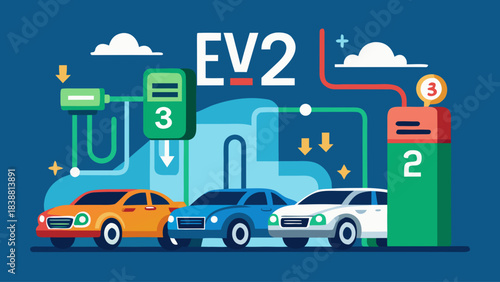 A blue background with cars and EV2 on it. The cars are in different colors and are connected to EV2