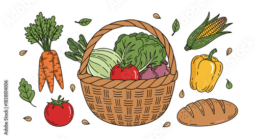 A bountiful harvest illustration featuring a wicker basket filled with fresh vegetables, accompanied by carrots, corn, peppers, tomatoes, and bread.