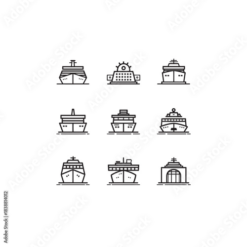 Ferry terminal bustling harbor boats docks seagulls line art