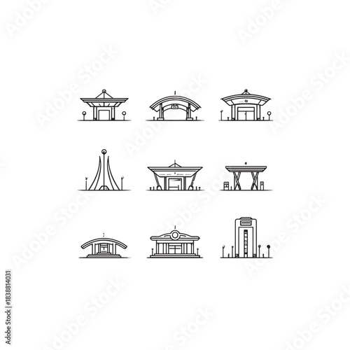 Ferry terminal travelers luggage departure arrival moments line art