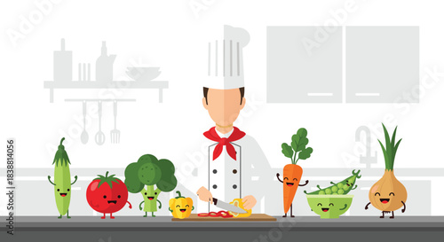 A cheerful chef preparing a meal with an array of smiling vegetable characters, depicting a fun and healthy cooking scene in a kitchen.