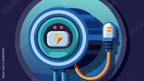 A robot is charging a battery. The robot is blue and yellow