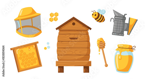 A comprehensive beekeeping set illustration including a beehive, honey dipper, honey jar, protective veil, smoker, bee, and honeycomb.