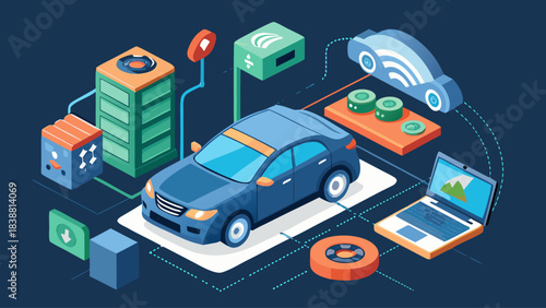 A car is shown in a futuristic city with a laptop and a cell phone. The car is surrounded by a lot of technology, including a laptop, a cell phone, and a computer. Concept of innovation and progress