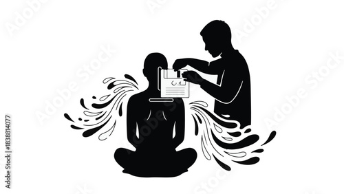 Person receiving data input while meditating, symbolizing information flow and digital connection.
