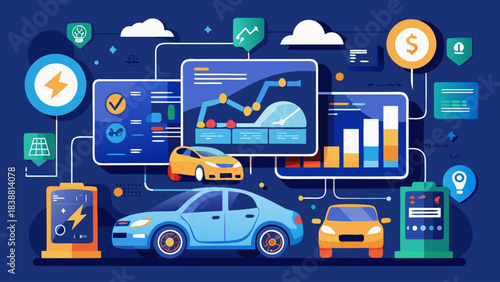 A blue car is shown in the middle of a blue background with a lot of other cars and objects