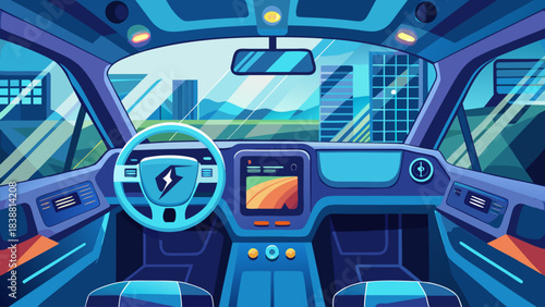 A car with a steering wheel and a dashboard with a screen. The car is driving through a city