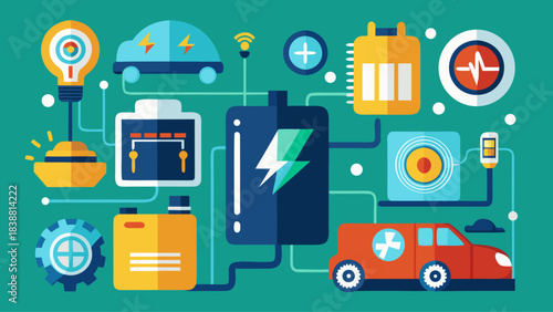 A green background with a lot of different things on it. The things on the background are all related to technology and transportation